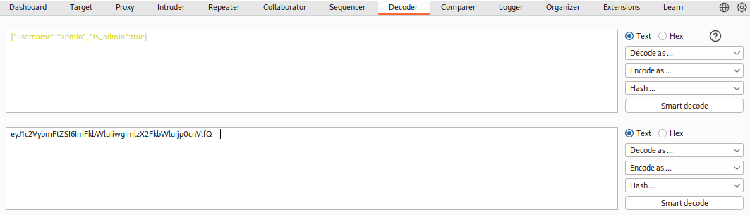 Decoder tab showing JSON with admin access and its Base64 encoded string, with options for text, hex, and smart decode.