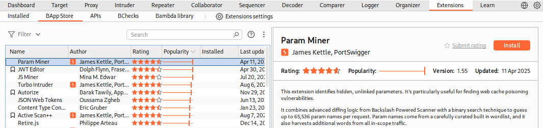 BApp Store showing Burp extensions. Active Scan++ highlighted, last updated 25 Mar 2021. Features include host header attacks, edge side includes, XML input handling.