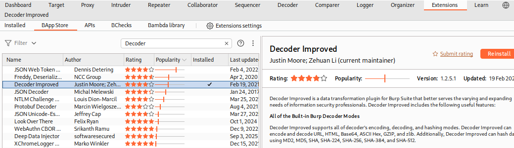 BApp Store showing Burp extensions. Decoder Improved installed, last updated 19 Feb 2021. Features include encoding, decoding, hashing, tabs, Unicode support, and hex editor.