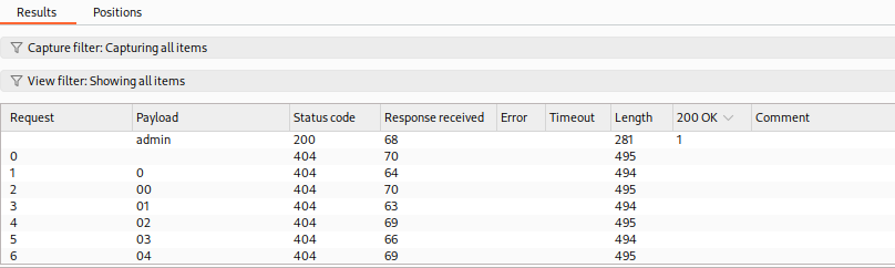 Results table showing requests. 'admin' payload has status 200, length 244, marked 200 OK. Others have status 404, length 458.|600