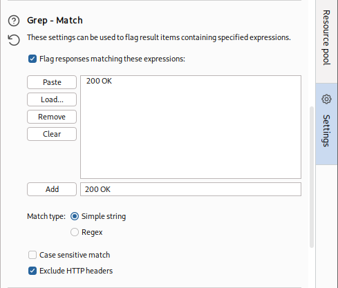Grep - Match settings to flag items with expressions. Example: '200 OK'. Options: Simple string, Regex, Case sensitive, Exclude HTTP headers.|414