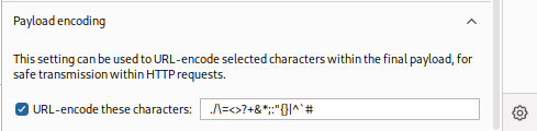 Payload Encoding settings with URL-encode option for characters: ./^=<>&+?*:;'{}|^|450