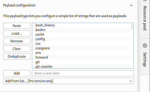Payload Options for Simple list with file names, buttons for Paste, Load, Remove, Clear, and Add new item.|388