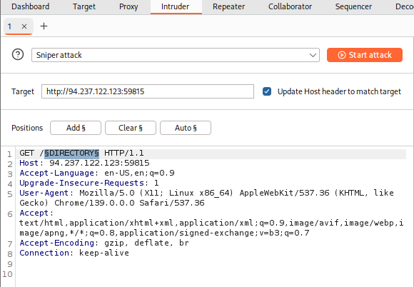 Intruder tab showing Payload Positions with attack type Sniper, displaying HTTP GET request details.|450