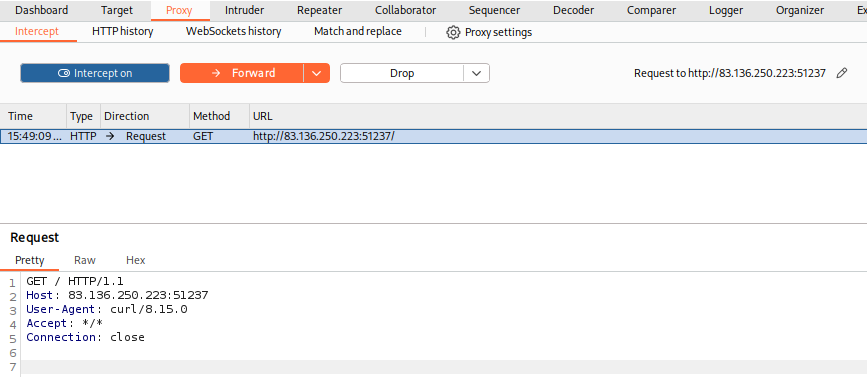 Proxy tab showing HTTP GET request details with buttons: Forward, Drop, Intercept is on, Action, Open Browser.