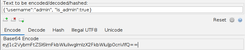 Text encoding interface showing JSON with admin access and its Base64 encoded output.