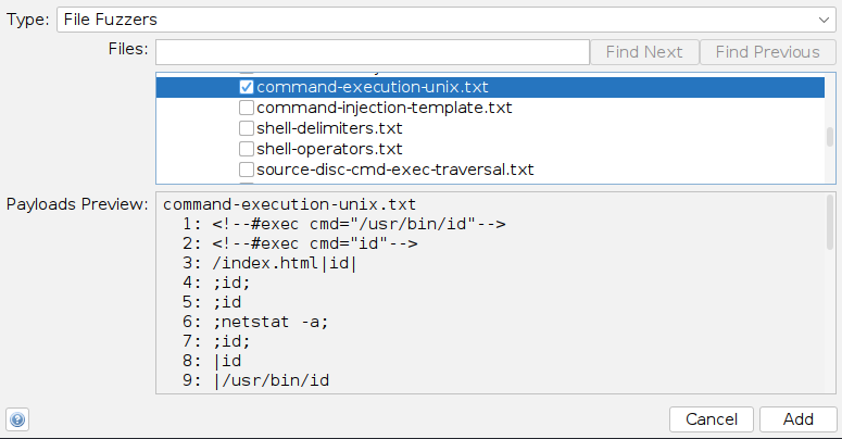 File Fuzzers type selected. Files listed with 'command_execution-unix.txt' checked. Payloads preview shows command execution examples.|400