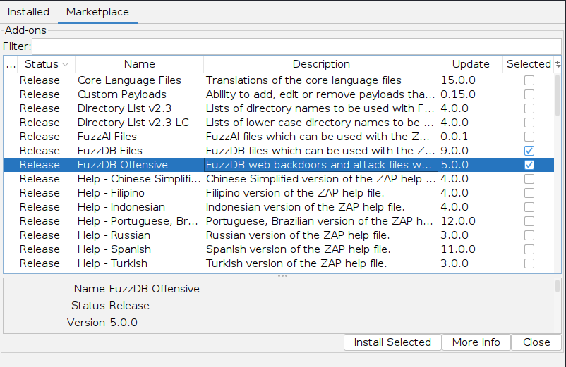 Marketplace tab showing add-ons. Selected: FuzzDB Files and FuzzDB Offensive, both in Release status. Options to install or get more info.|400