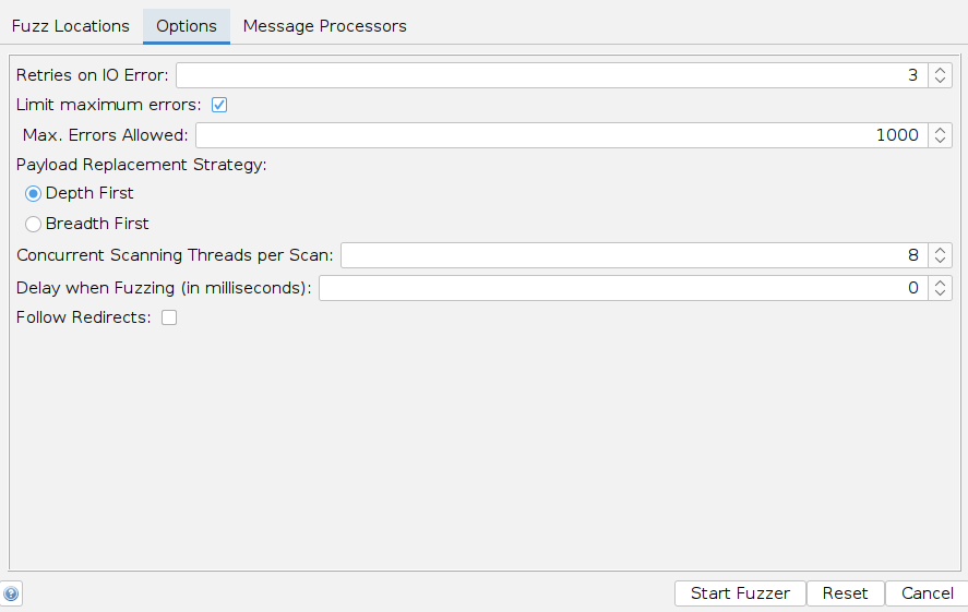 Options interface for fuzzing. Retries on IO error: 3. Limit max errors: 1000. Depth First strategy selected. 20 concurrent threads. No delay in fuzzing. Follow Redirects unchecked.|500