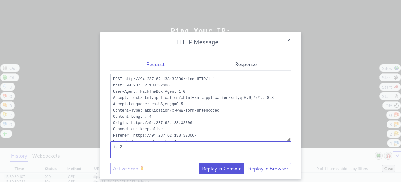HTTP Message dialog showing POST request details with options to Active Scan, Replay in Console, and Replay in Browser.