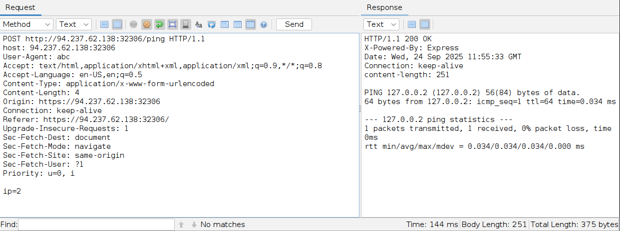 Request and response details: POST to /ping with headers and IP, response 200 OK with ping statistics, time and length info.