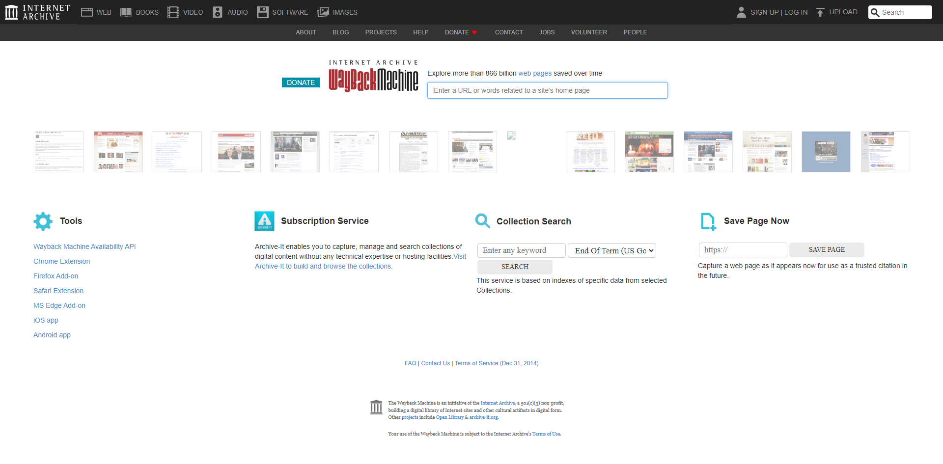 Internet Archive Wayback Machine homepage with search bar for web pages, tools like browser extensions, and options for subscription service, collection search, and saving pages.