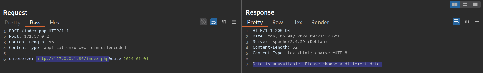 HTTP POST request to /index.php with date parameter; response indicates date is unavailable.