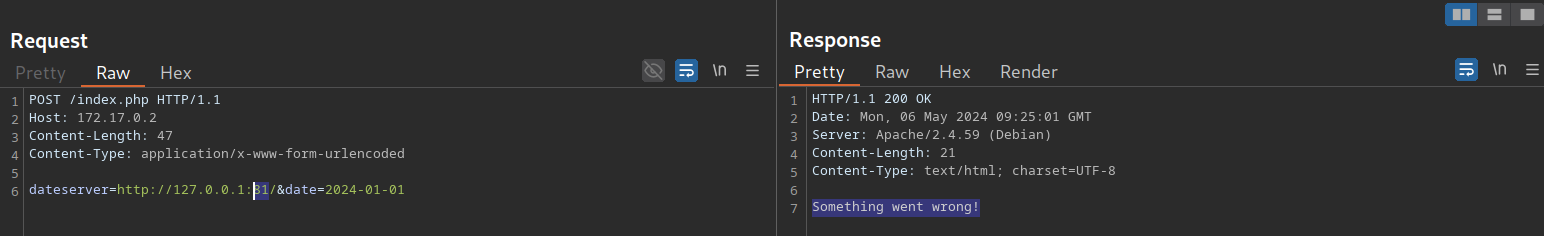 HTTP POST request to /index.php with date parameter; response indicates an error: 'Something went wrong!'