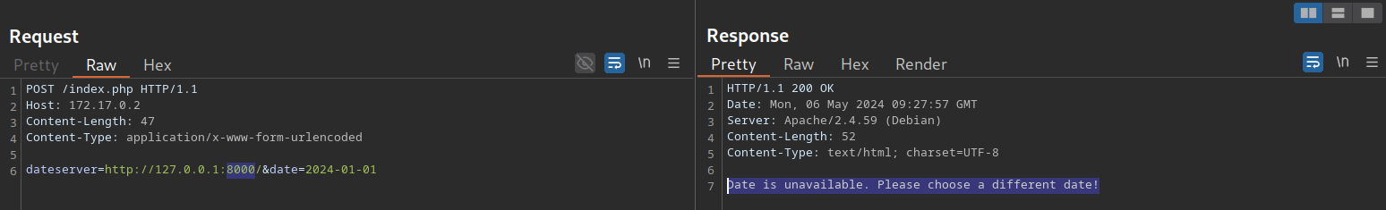 HTTP POST request to /index.php with date parameter; response indicates date is unavailable.
