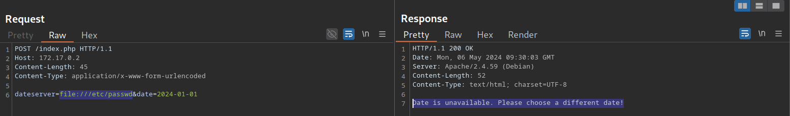 HTTP POST request to /index.php with date parameter; response indicates date is unavailable.