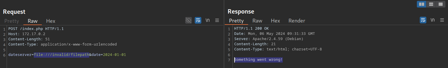 HTTP POST request to /index.php with date parameter; response indicates an error: 'Something went wrong!'