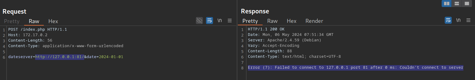 HTTP POST request to /index.php with date parameter; response shows connection error to 127.0.0.1 port 81.