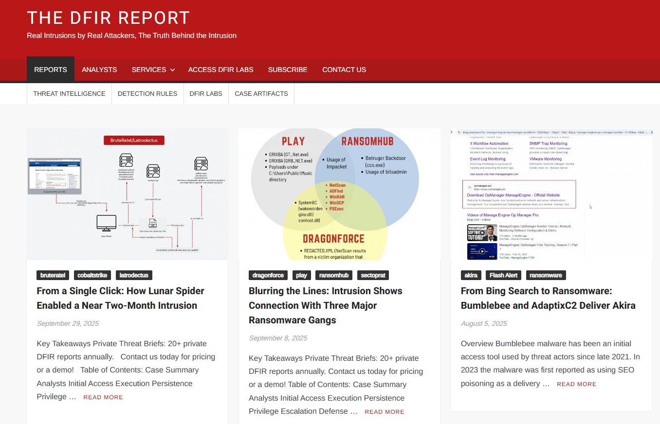 The DFIR Report homepage showing three featured articles in a grid beneath a red header with navigation.