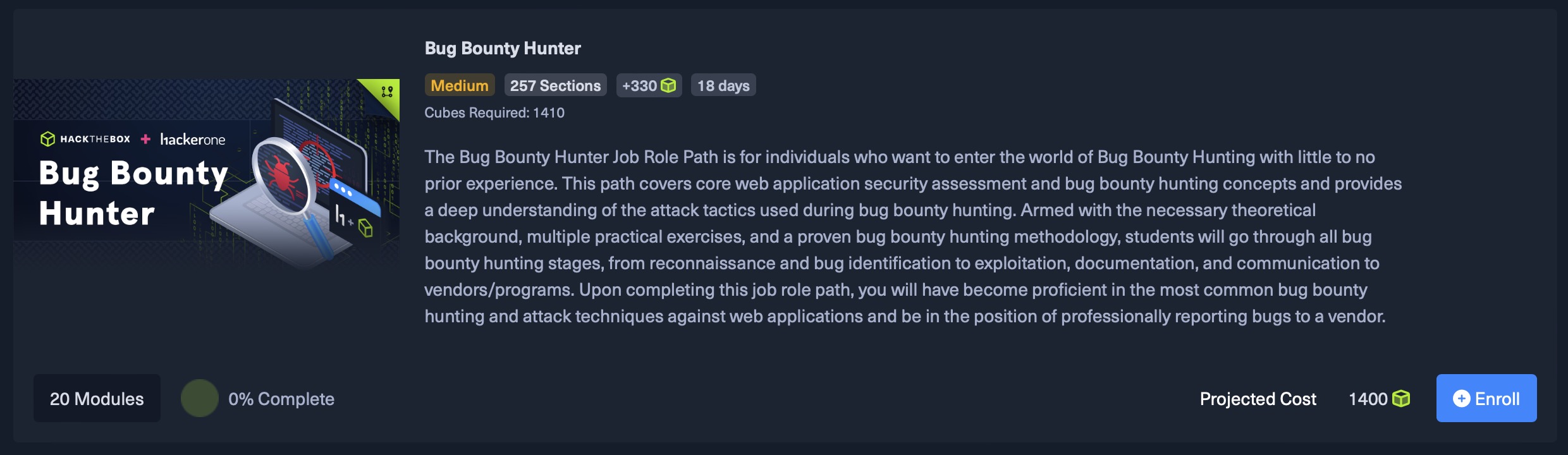 Bug Bounty Hunter 路径：中等难度，257 个部分，20 个模块，完成度 0%，需要 1410 个立方体，持续时间 18 天。