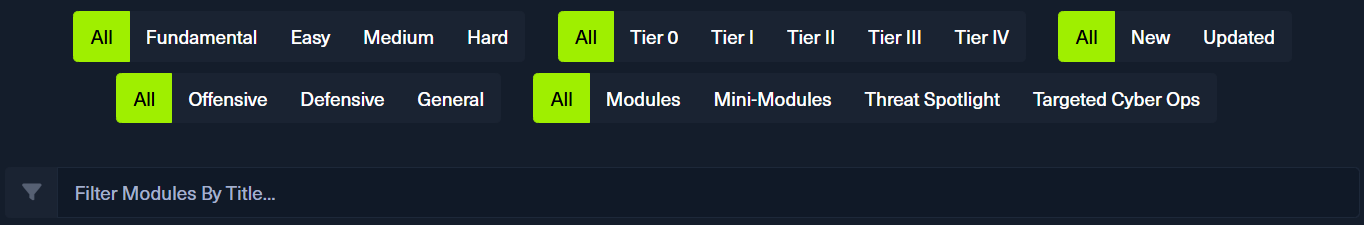 筛选难度、类型、等级和模块类别的选项，并为每个类别选择“全部”。