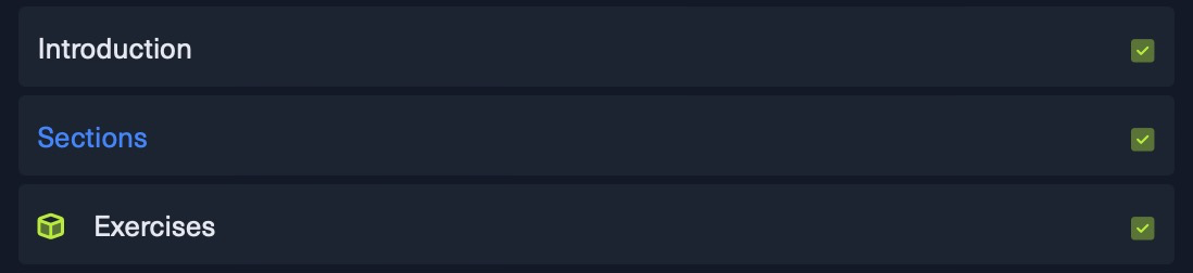 Checklist with items: Introduction, Sections, and Exercises, each marked complete.