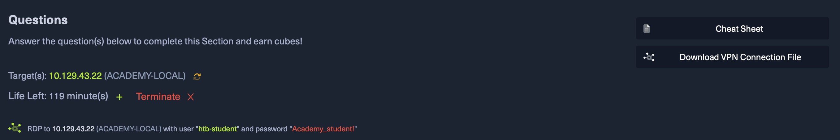 问题解答说明、目标 IP 10.129.43.22、剩余 119 分钟、RDP 详细信息以及作弊表和 VPN 下载按钮。