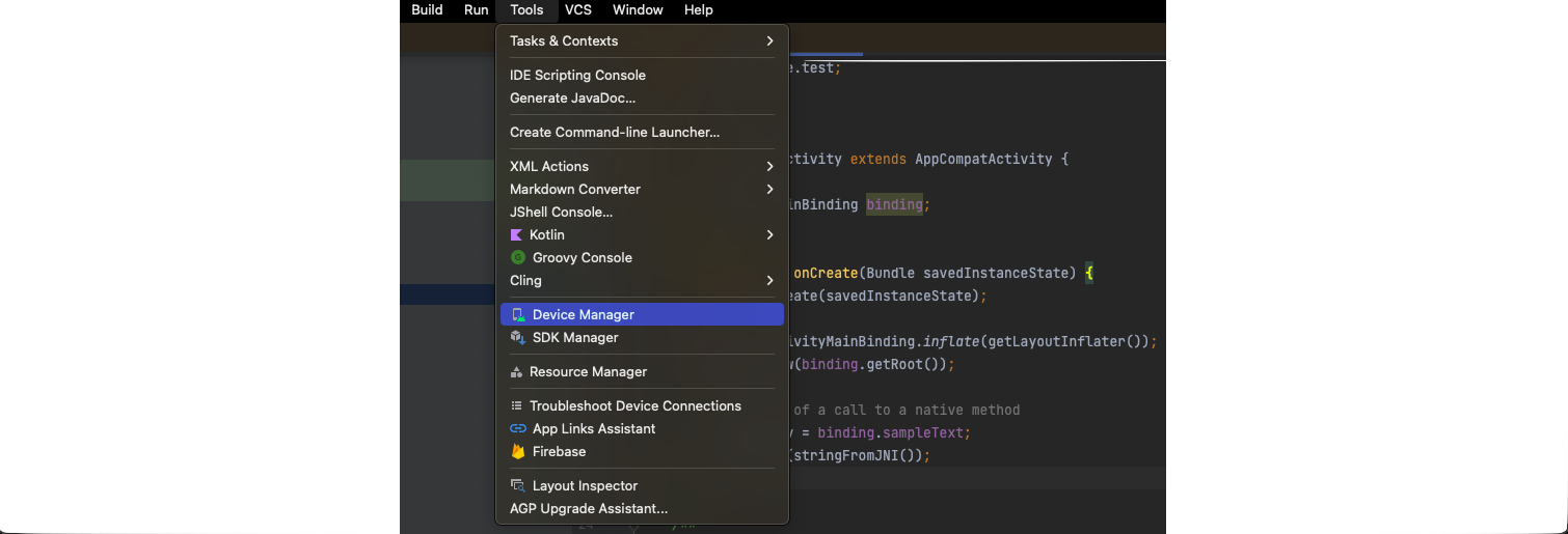 Tools menu in an IDE with "Device Manager" highlighted. Options include Tasks & Contexts, SDK Manager, Resource Manager, and more. Code editor visible in the background.