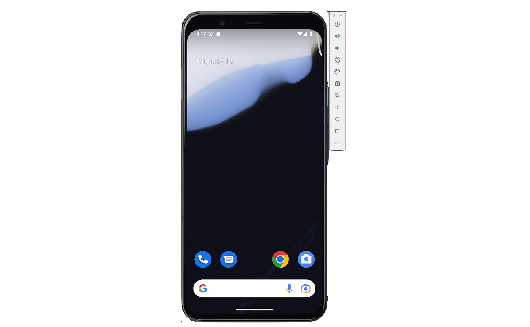 Android emulator displaying a smartphone home screen with time, date, and app icons. Emulator controls are visible on the right side.
