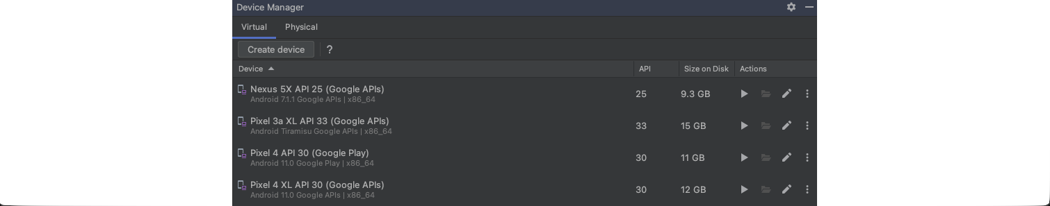 Device Manager showing virtual devices: Nexus 5X API 25, Pixel 3a XL API 33, Pixel 4 API 30, Pixel 4 XL API 30. Details include API level, size on disk, and actions. Options to create a device and switch between virtual and physical tabs.