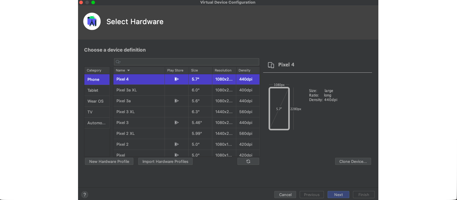 Select Hardware screen in Virtual Device Configuration. Pixel 4 is highlighted with details: 5.7" size, 1080x2280 resolution, 440dpi density. Options to choose other devices, create a new hardware profile, and navigate with cancel, previous, next, and finish buttons.