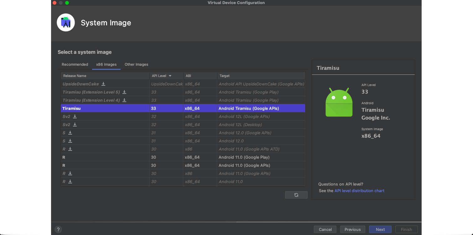 System Image selection screen in Virtual Device Configuration. Tiramisu API Level 33, x86\_64, Android Tiramisu (Google APIs) is highlighted. Details on the right show API Level 33, Android Tiramisu by Google Inc., System Image x86\_64. Options to cancel, go to the previous or next step, and finish.
