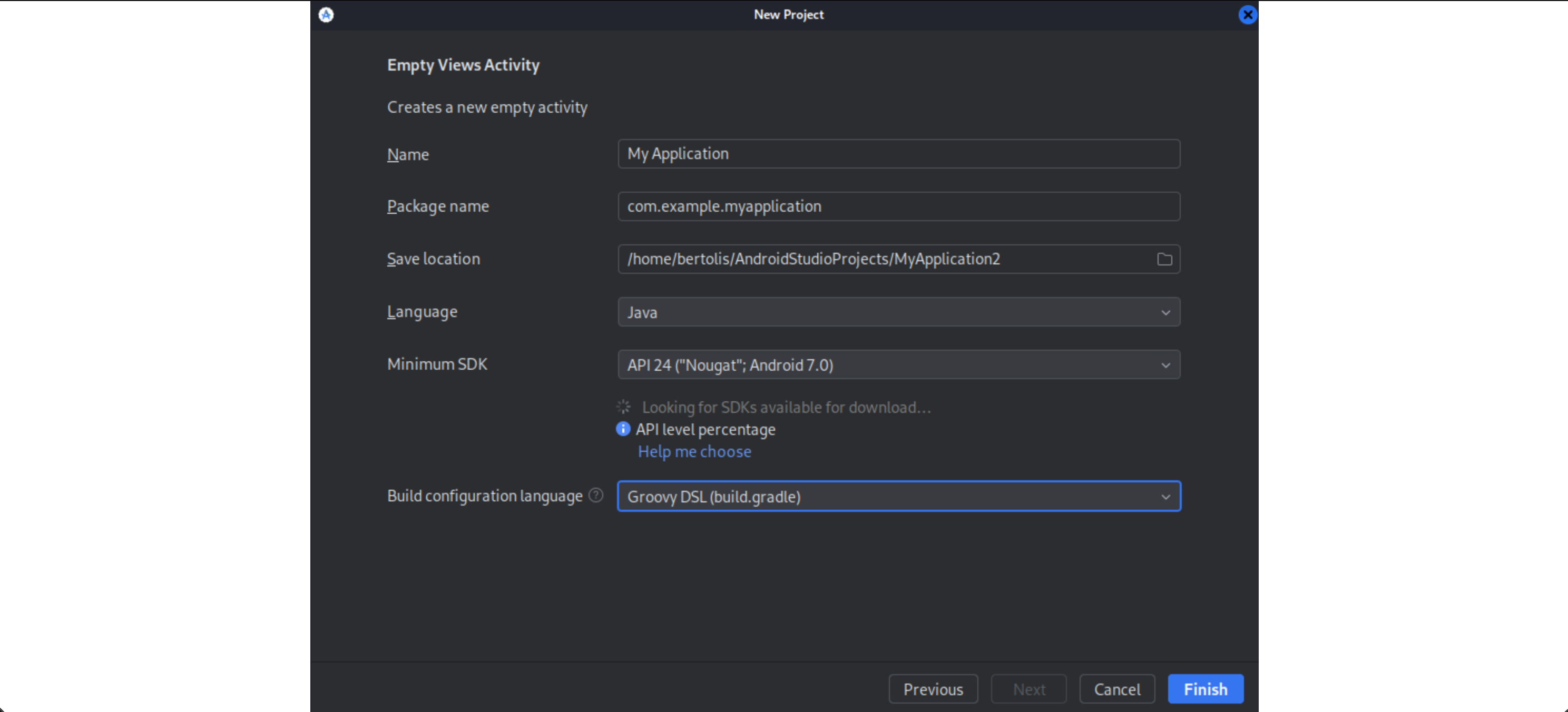 New Project setup for Empty Views Activity. Fields: Name "My Application", Package "com.example.myapplication", Save location, Language "Java", Minimum SDK "API 24 (Nougat)", Build configuration "Groovy DSL". Options: Finish, Cancel.