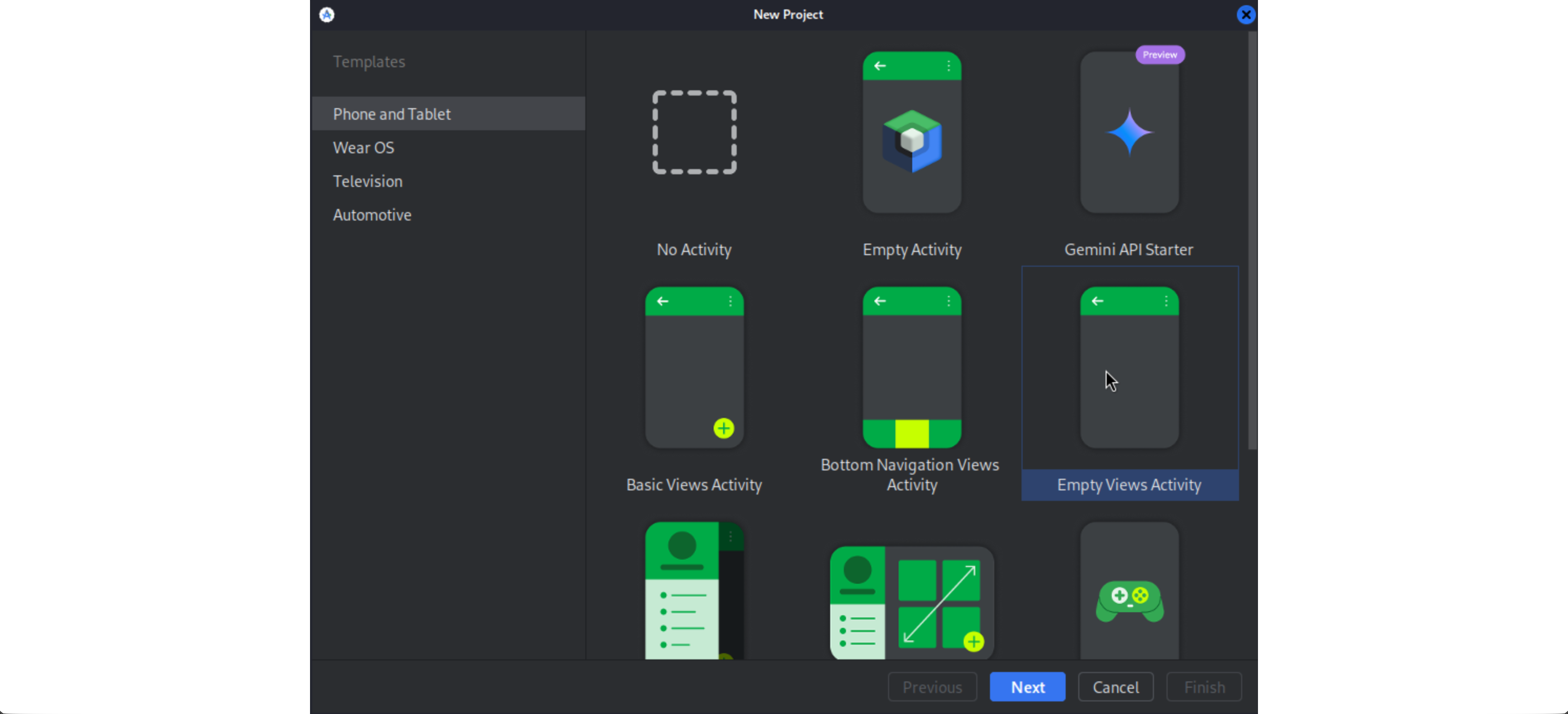 New Project screen in Android Studio. Templates for Phone and Tablet: No Activity, Empty Activity, Gemini API Starter, Basic Views Activity, Bottom Navigation Views Activity, Empty Views Activity. Options: Next, Cancel, Finish.