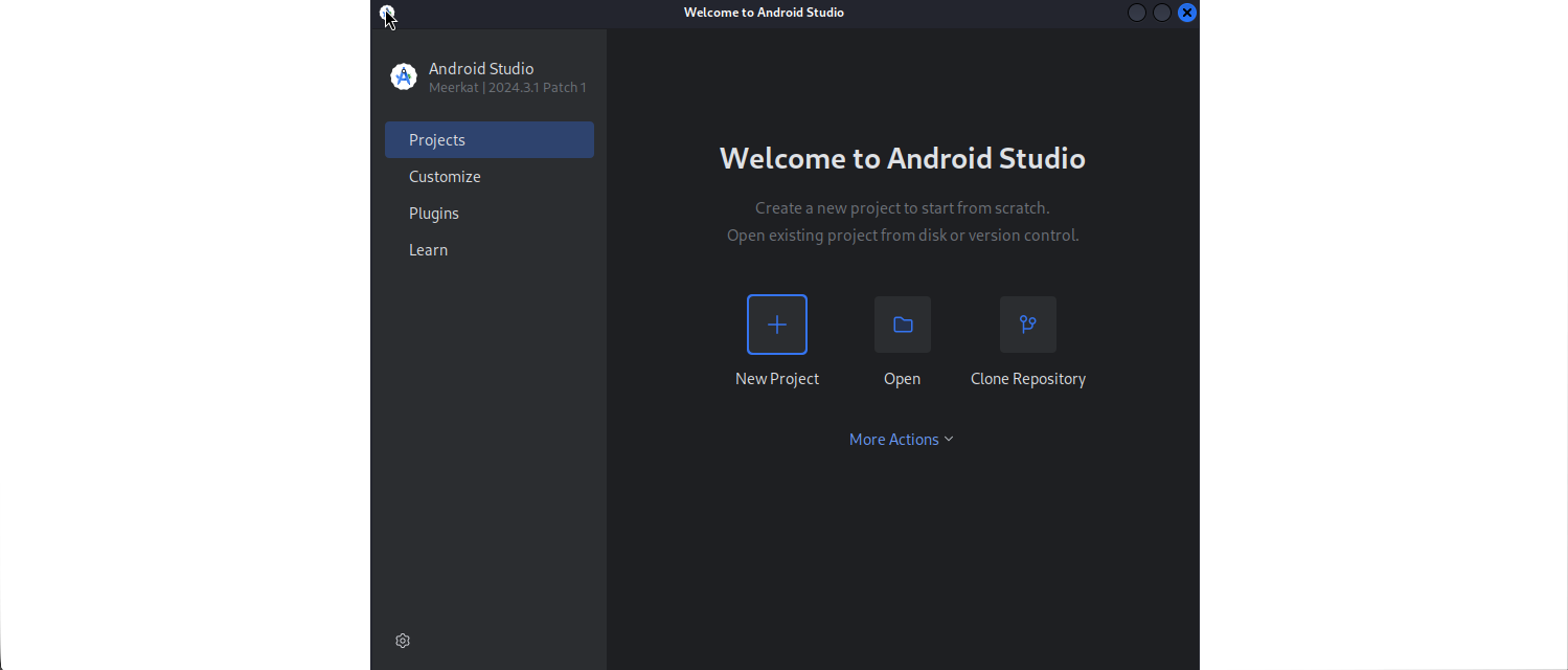 Welcome screen of Android Studio Meerkat 2024.3.1 Patch 1. Options: New Project, Open, Clone Repository. Menu: Projects, Customize, Plugins, Learn.