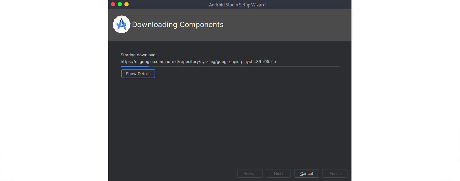 Android Studio Setup Wizard downloading components. URL: https://dl.google.com/android/repository/sys-img/google\_apis\_playst...36\_r05.zip. Options: Show Details, Cancel.