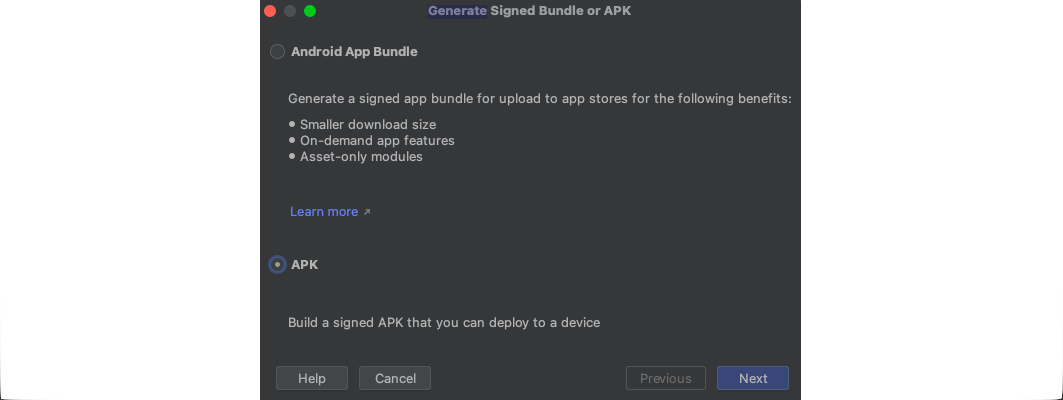 Generate Signed Bundle or APK screen. Options: Android App Bundle (smaller size, on-demand features) or APK. Buttons: Help, Cancel, Next.