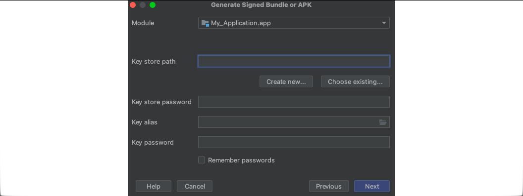 Generate Signed Bundle or APK screen. Fields: Module, Key store path, Key store password, Key alias, Key password. Options: Create new, Choose existing, Remember passwords. Buttons: Help, Cancel, Next.