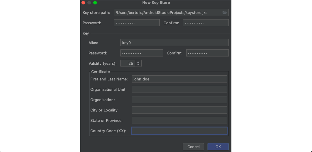 New Key Store screen. Fields: Key store path, Password, Key alias, Key password, Validity (25 years), Certificate details (Name: John Doe, Organizational Unit, Organization, City, State, Country Code). Buttons: Cancel, OK.
