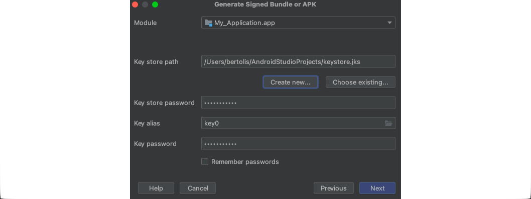 Generate Signed Bundle or APK screen. Fields: Module, Key store path, Key store password, Key alias, Key password. Options: Create new, Choose existing, Remember passwords. Buttons: Help, Cancel, Next.