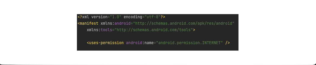 XML code snippet for Android manifest. Includes permission for internet access: \<uses-permission android:name="android.permission.INTERNET" />.