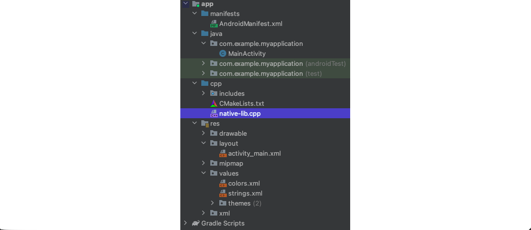 Project Explorer showing app structure: manifests with AndroidManifest.xml, java with MainActivity, cpp with native-lib.cpp, res with layout containing activity\_main.xml, and values with colors.xml, strings.xml, themes.