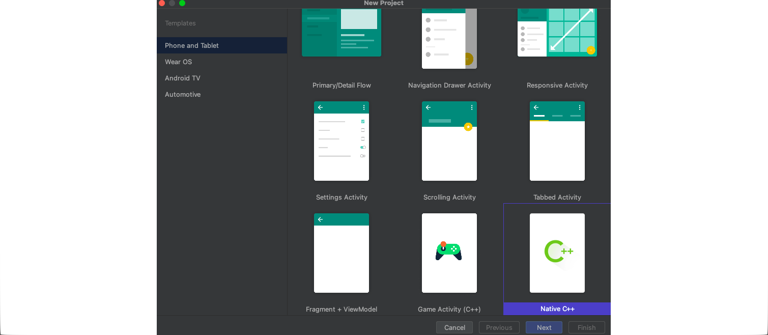 New Project screen in Android Studio. Templates for Phone and Tablet: Primary/Detail Flow, Navigation Drawer Activity, Responsive Activity, Settings Activity, Scrolling Activity, Tabbed Activity, Fragment + ViewModel, Game Activity (C++), Native C++. Options: Cancel, Next, Finish.