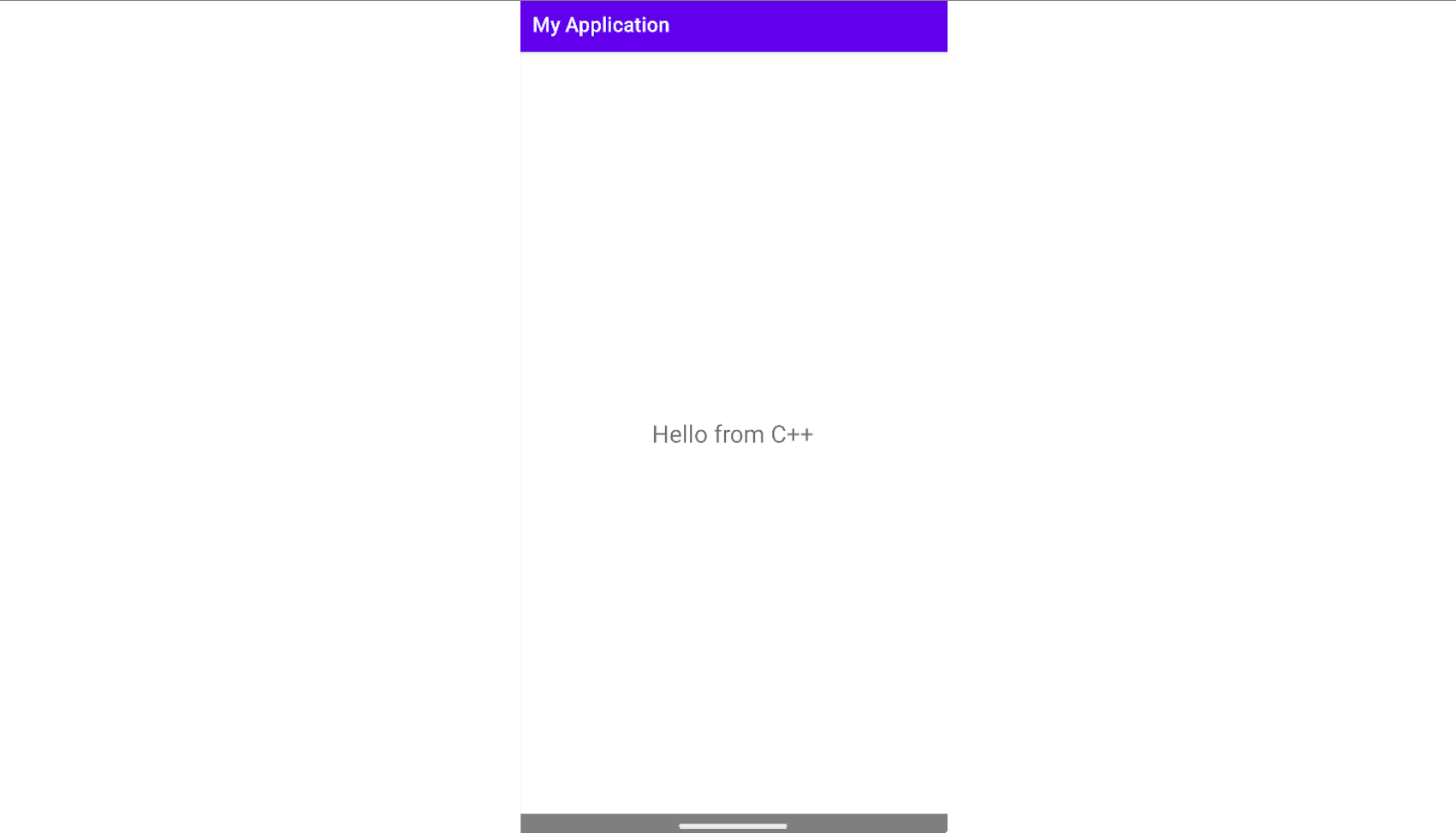 Mobile app screen titled "My Application" with text "Hello from C++" centered on a white background.