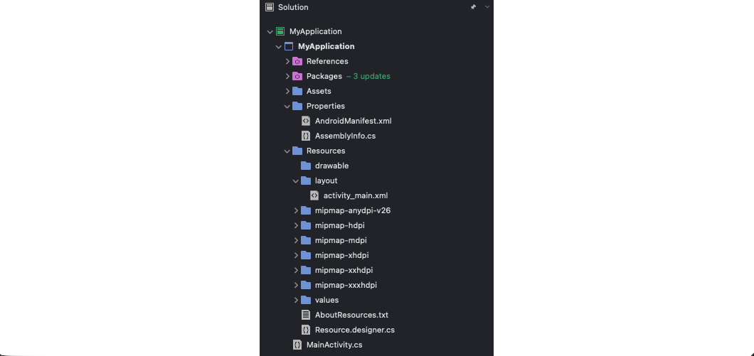 Solution Explorer showing MyApplication structure: References, Packages (3 updates), Assets, Properties with AndroidManifest.xml, Resources with drawable, layout (activity\_main.xml), mipmap folders, values, AboutResources.txt, Resource.designer.cs, MainActivity.cs.