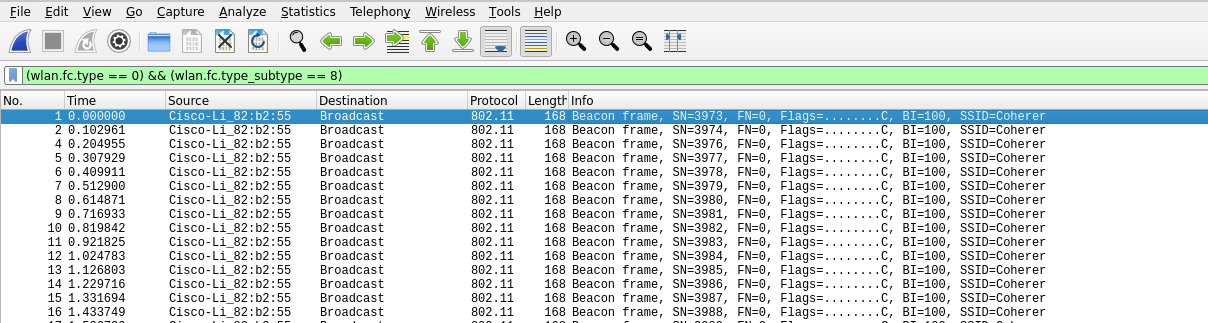 Wireshark capture showing multiple 802.11 Beacon frames from source 'Cisco-Li\_82:b2:55' to 'Broadcast', with SSID 'Coherer'.