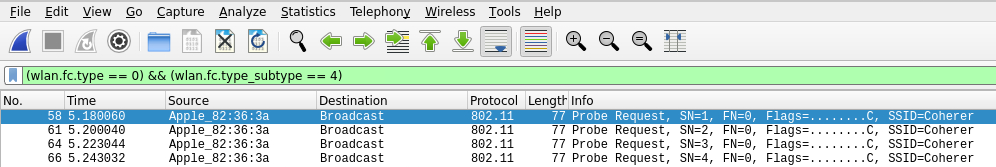 Wireshark capture showing 802.11 Probe Requests from source 'Apple\_82:36:3a' to 'Broadcast', with SSID 'Coherer'.