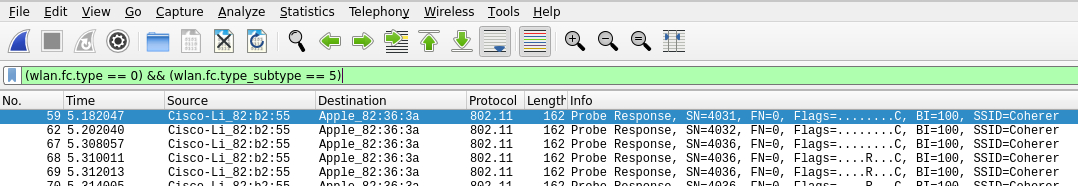 Wireshark capture showing 802.11 Probe Responses from source 'Cisco-Li\_82:b2:55' to destination 'Apple\_82:36:3a', with SSID 'Coherer'.
